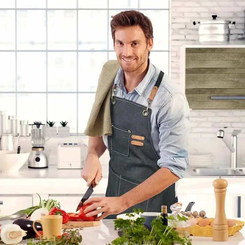Household Canvas Apron Oil-proof  Can Wipe Hands  Kitchen CookingMen Women Adult With Tool Pockets Fashion Coffee Over  apron 3