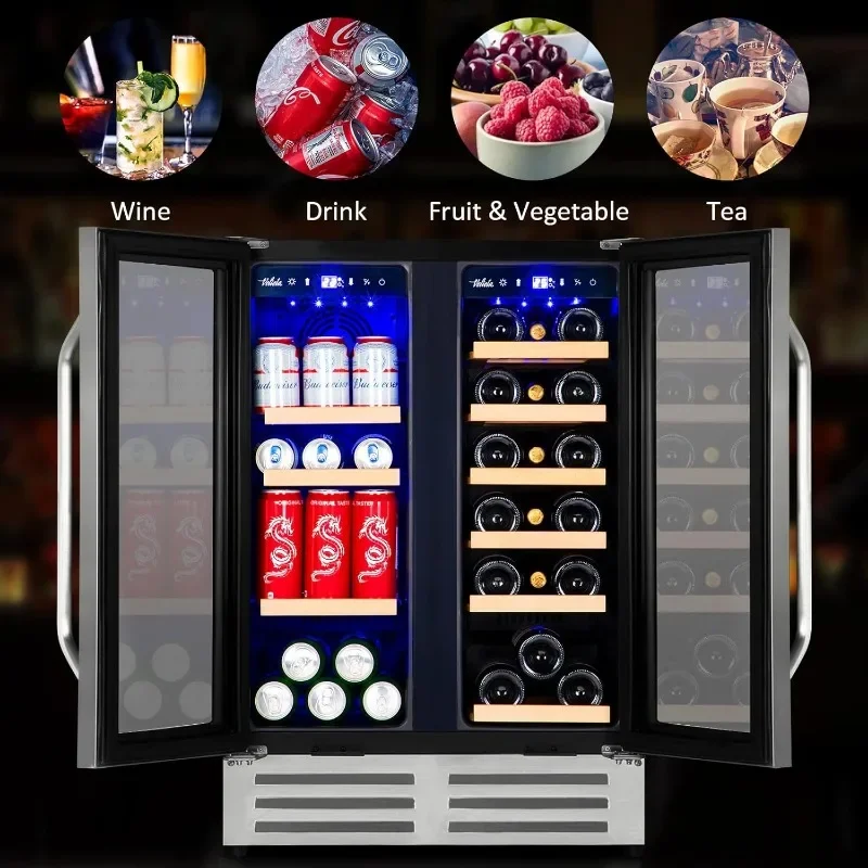 Wine and Beverage Refrigerator, 24 Inch Dual Zone Fridge with Glass Door, Built-In Cooler with Powerful