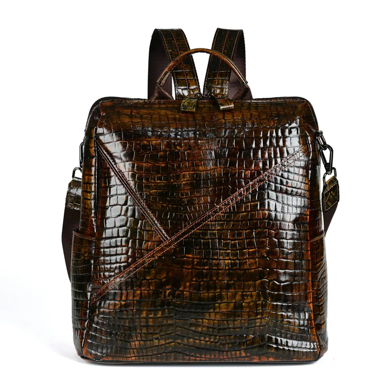 Leather Backpack Vintage Men's Backpack with Large Capacity in Genuine Leather Crocodile Print