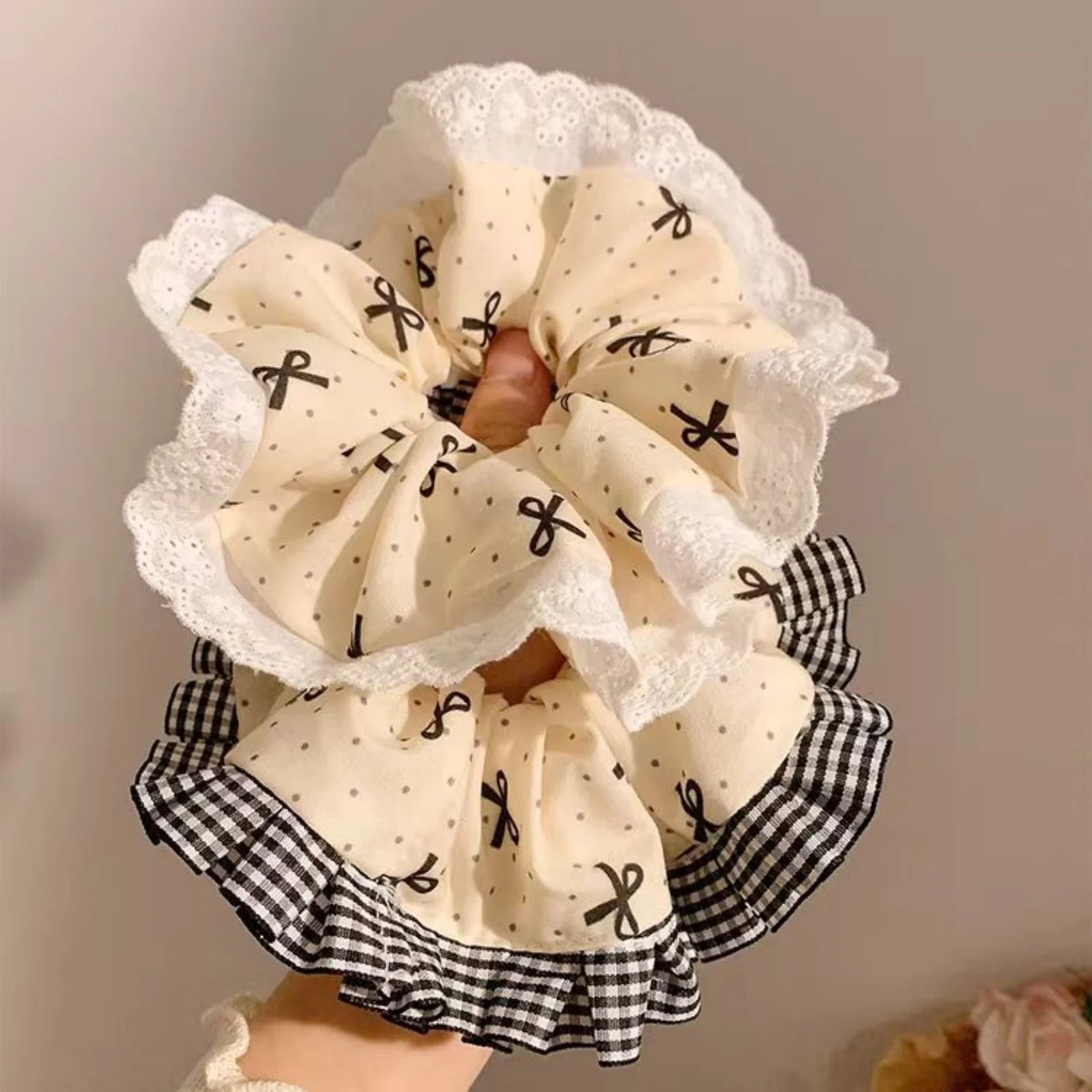 1PC Cute Polka Dot Hair Ties, Lace - Trimmed and Bow - Decorated, Fashionable Scrunchies for Girls' Charming Looks