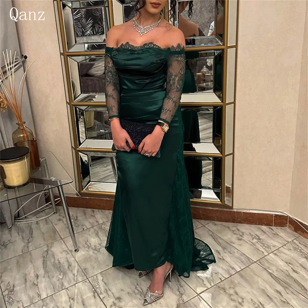 

Qanz Emerald Green Arabic Evening Dresses Off The Shoulder Lace Luxury Prom Dress 2024 Detachable Sleeves Mermaid Special Occasi