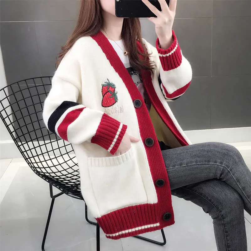 

Ladies Sweater 2023 New In Autumn Winter Embroidery Coats Long Sleeved Tops Spliced V-neck Cardigan Loose Women's Clothing T561
