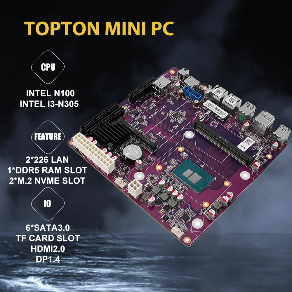 

6-Bay i3-N305 N100 NAS Motherboard 1*PCIEx4 2*Intel i226-V 2.5G 2*M.2 NVMe 6*SATA3.0 1*DDR5 Firewall Router Mini ITX Mainboard