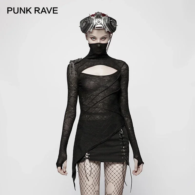 

PUNK RAVE New Black Slim Punk Women Knitted T-Shirt Fashion Dark Handsome Mask Styling Tees Hollow Design Chest Gothic Tops