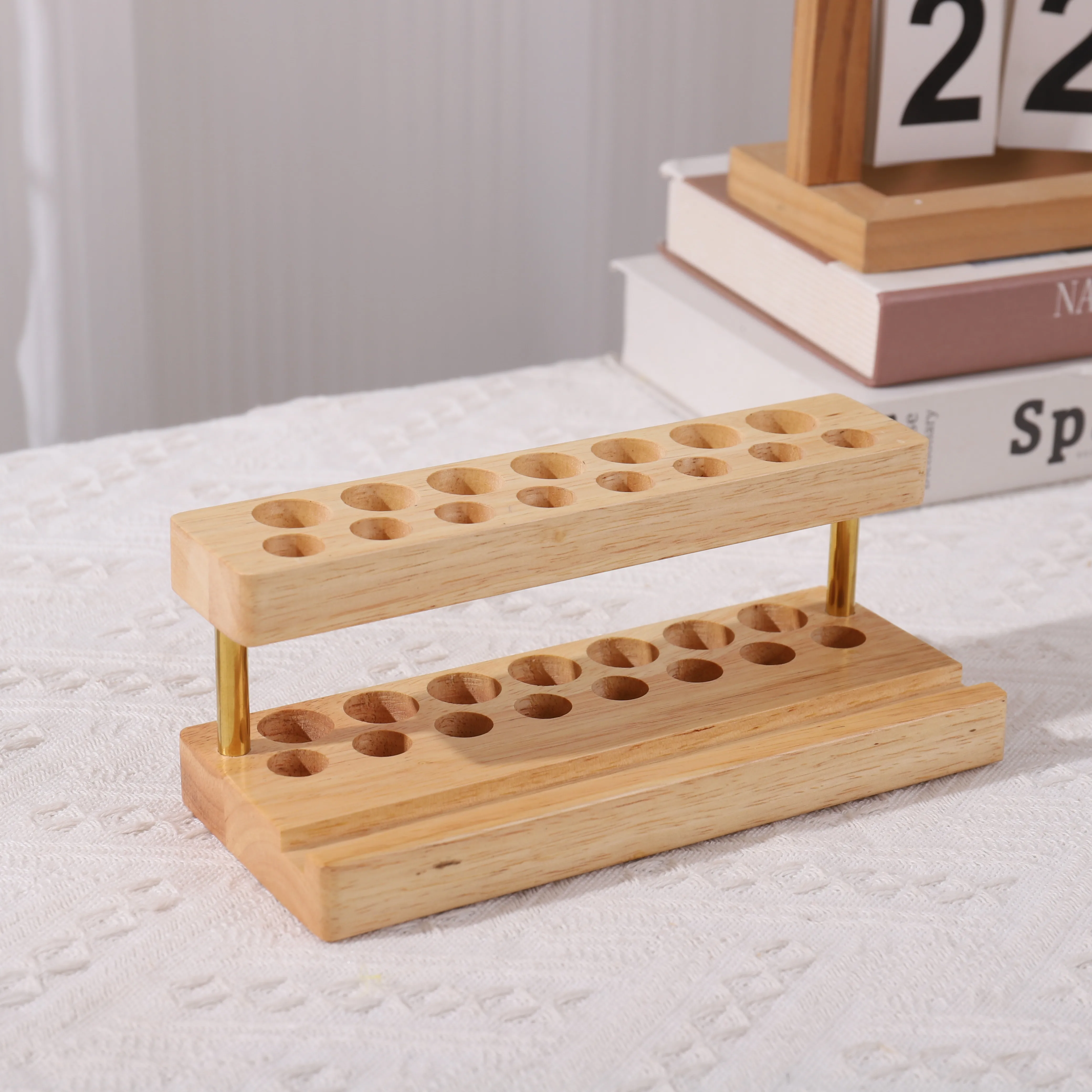 Wood Pen Holder 9 Slots Cell Phone Stand Aesthetic Organizer Natural Wood Grain Pen Stand Minimalist Office Decor 2