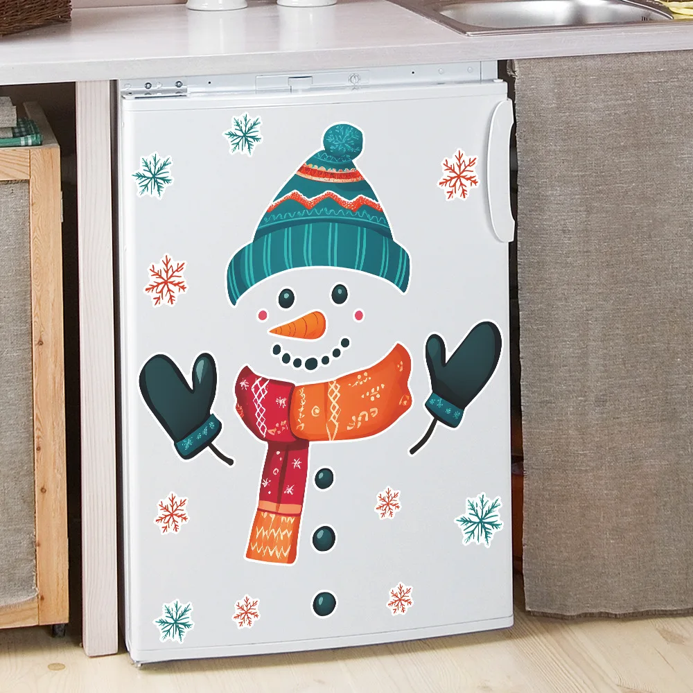 Painted Christmas Snowman Snowflake Fridge Sticker, 35x44cm PVC Self-Adhesive Decal for Kitchen, Dining Room Wall Decor
