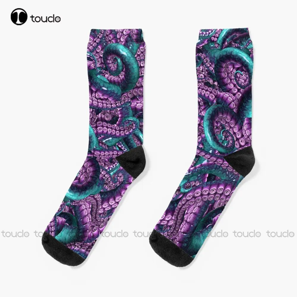 

Hr More Tentacles ~ Teal & Violet Socks Long Socks Personalized Custom Unisex Adult Teen Youth Socks Custom Gift Streetwear