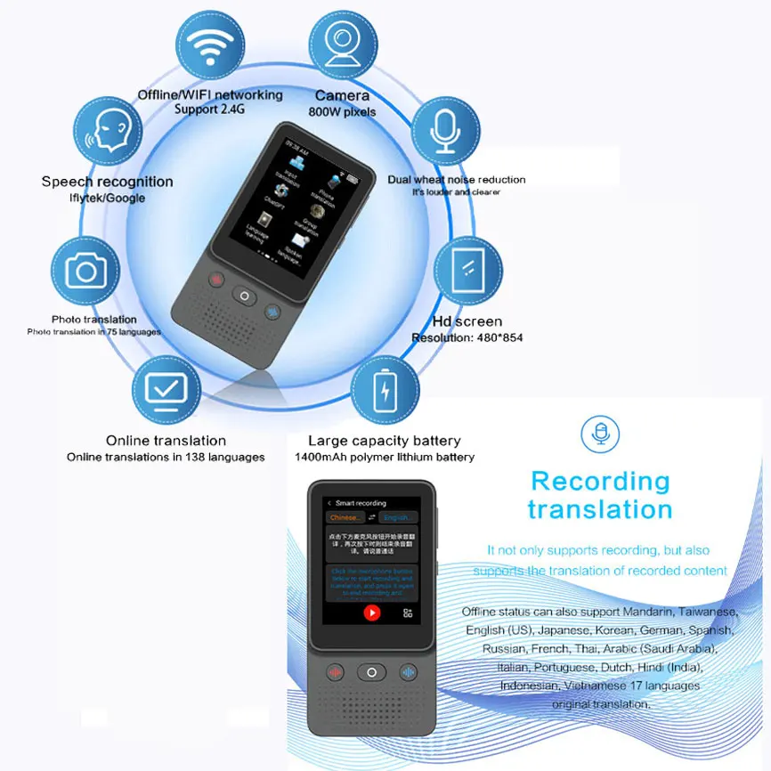 Offline Translator Online Wifi Portable Audio 138 Language Smart Translator Real Time Smart Voice AI Voice Photo voice translator language translator