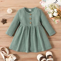 PatPat Baby Girl Button Front Solid Rib Knit Long-sleeve Dress Soft and Comfortable  Perfect for Outings Daily Wear Basic Style 2