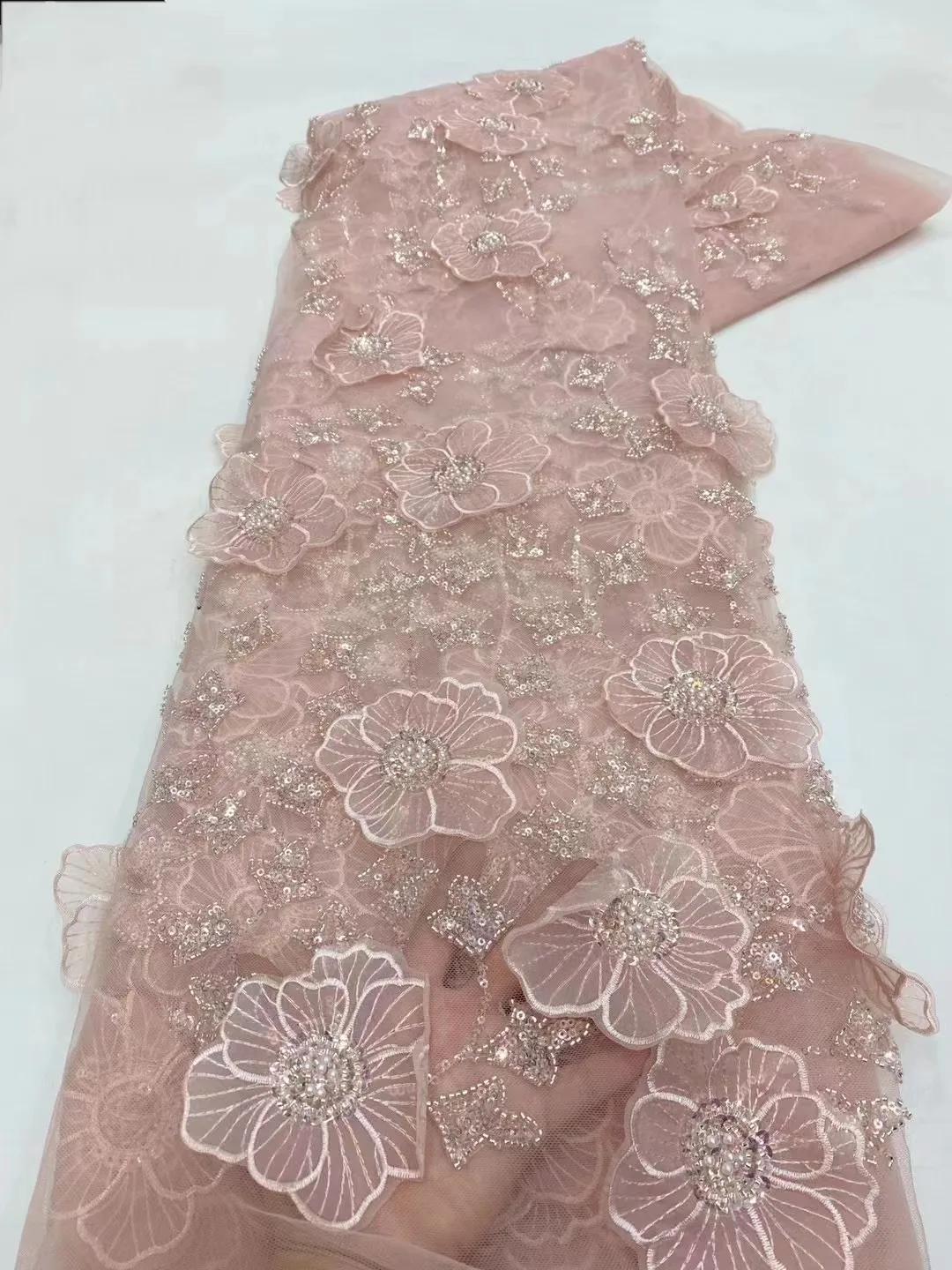 New Arrival French Popular Embrordered 3D Flower Lace Elegant Beaded Afirca Mesh Fabric Lace With Sequins Party Evening Dress