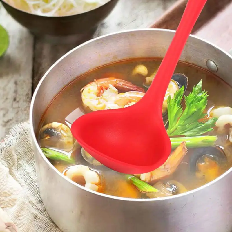 Silicone Soup Spoon Ladle Heat Resistant Non Slip Long Handle Round Scoop Nonstick dishwasher safe Cooking Spoon Kitchen gadgets