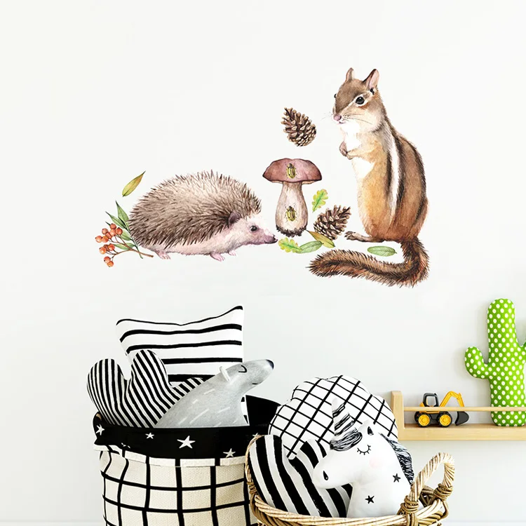 Cartoon-Wandaufkleber mit Eichhörnchen und Igel für Kinderzimmer, Schlafzimmer, Dekoration, Wandbild, Tapete, Heimdekoration, Kinderzimmer, niedliche Tiere, Aufkleber – Detail 5