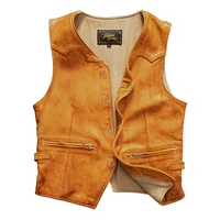 Yellow Spring Leather Vest Men Single Breasted Casual Style Plus Size 5XL Genuine Natural Sheepskin Slim Fit Short Vest 1