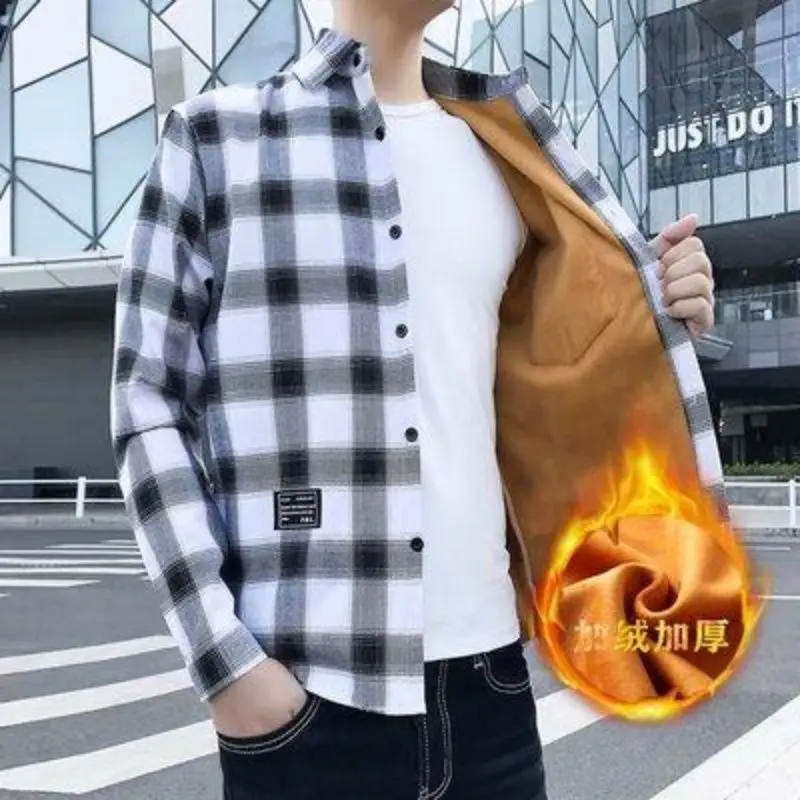 

Winter Fleece Plaid Shirt Men's Long-Sleeved Thick Warm Shirt Jacket Fashion Plaid Top Velvet