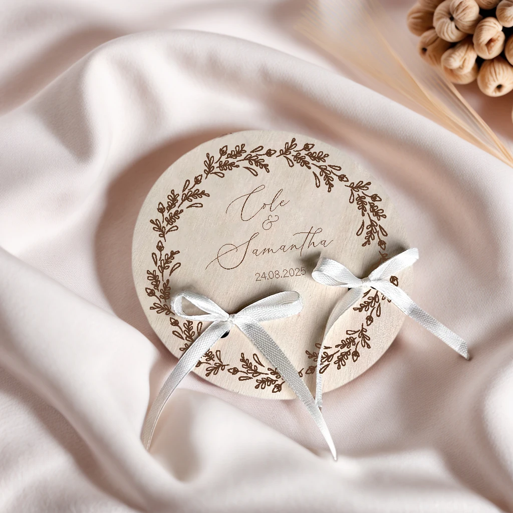 Customized Rustic Wooden Ring Stand with White Ribbon - Unique Wedding or Anniversary Gift