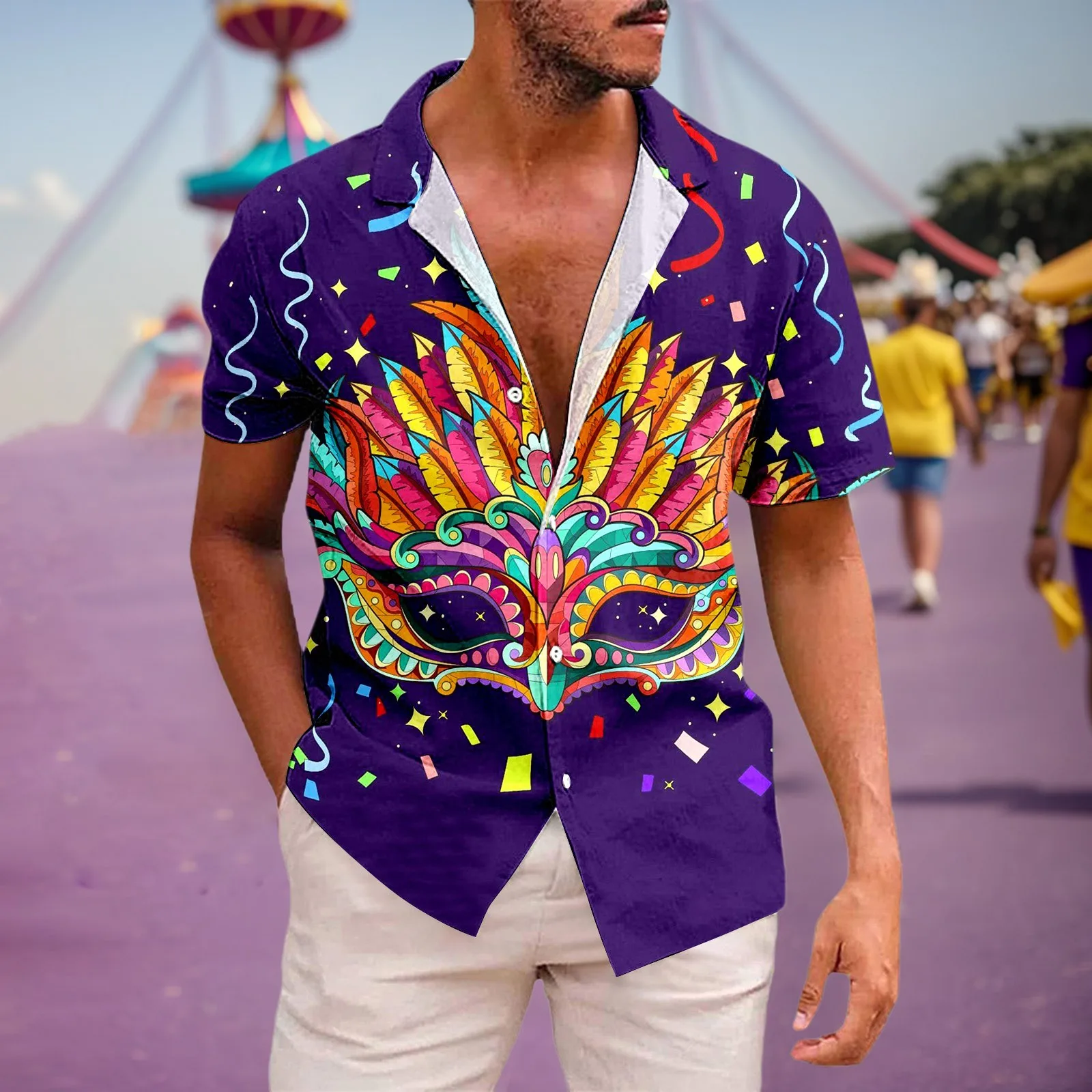 

Мужские карнавальные рубашки, модная блузка с 3d принтом на тему Марди Гра, классические рубашки с отложным воротником и пуговицами, праздничная повседневная одежда