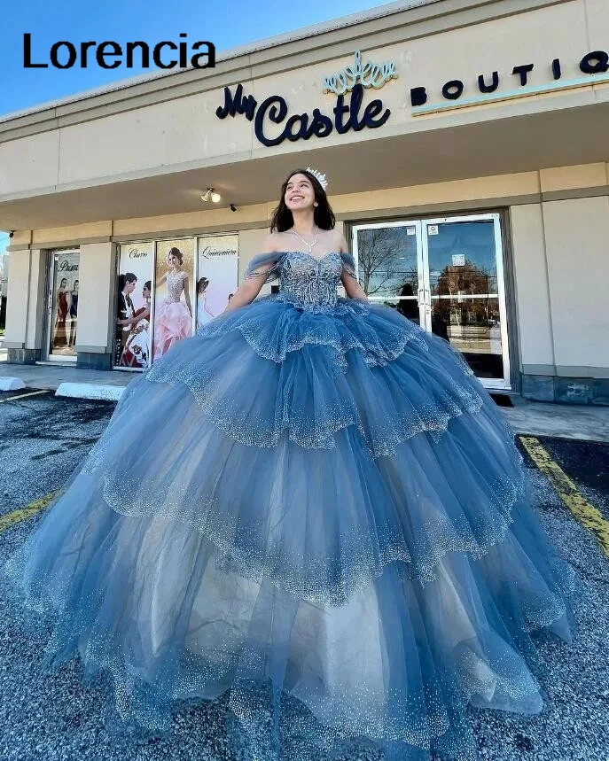 

Lorencia Shiny Dark Blue Quinceanera Dress Ball Gown Crystal Beading Tiered Ruffles Corset Sweet 16 Vestidos De 15 Años YQD805