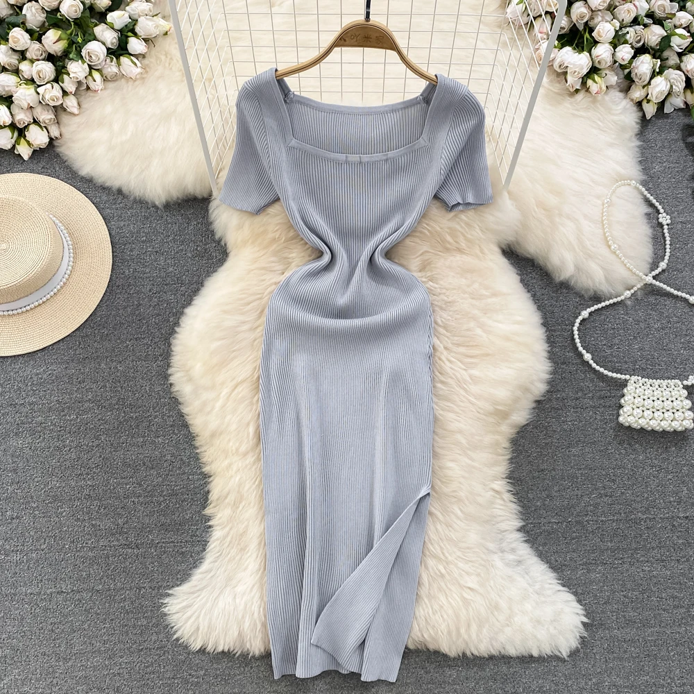 

Chic Elegant Square Neck Short Sleeve Bodycon Dress Sexy Korean Fashion Knit Vestido Elastic Slim Summer Split Hip Wrap Dress
