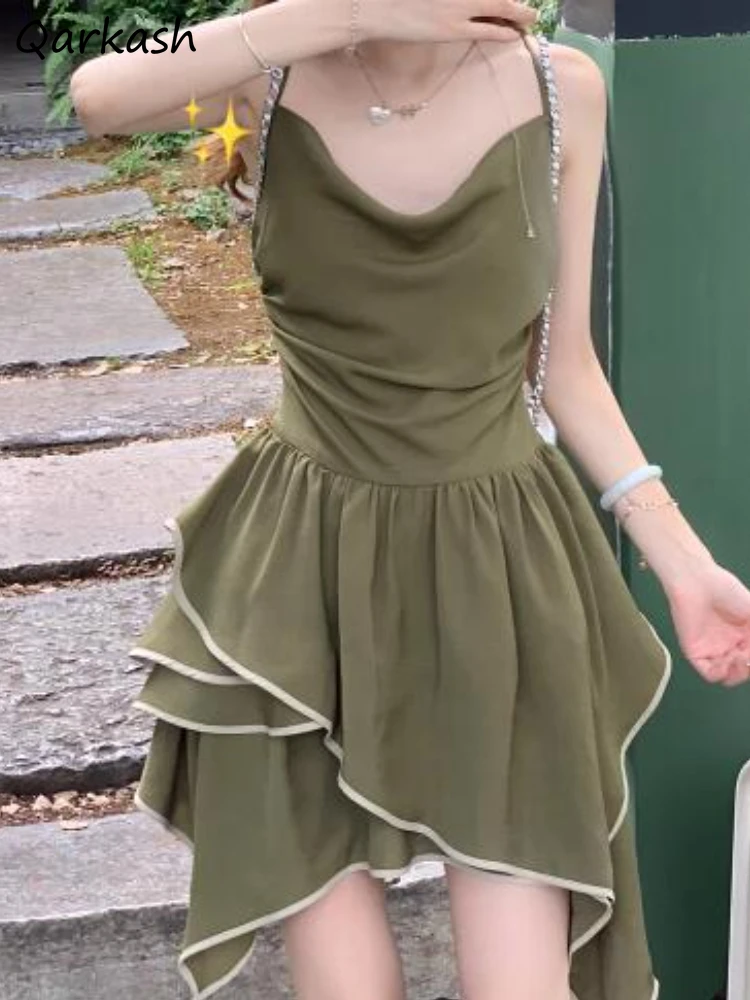 

Асимметричное мини-платье для женщин, эстетичное зеленое пикантное летнее платье на бретелях-спагетти с открытой спиной, праздничный повседневный наряд на каждый день, новинка