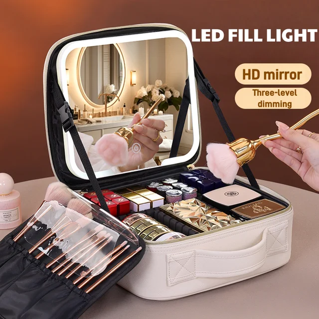 Travel LED Cosmetic Case With Light and Mirror Makeup Bag Large Capacity Premium Portable Cosmetic Bag Detachable Partition Bag 1