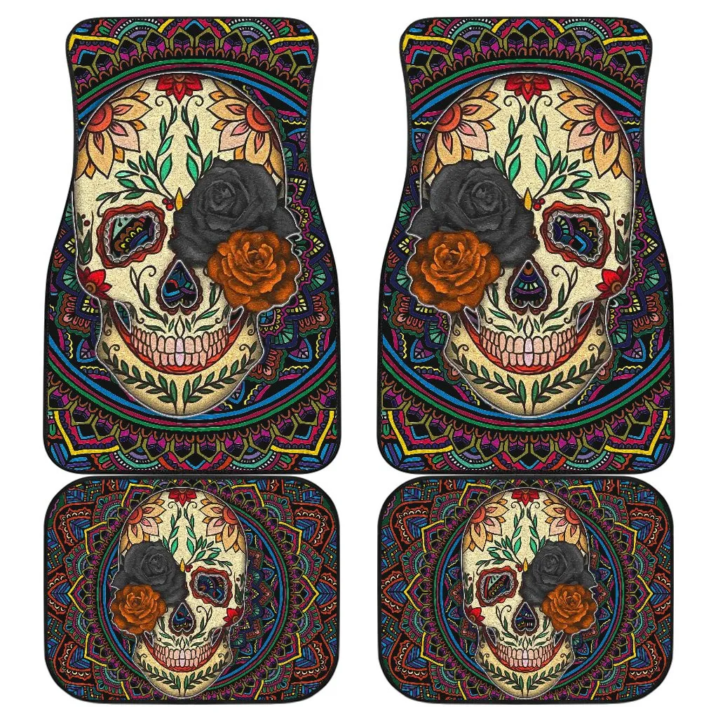 

Valentine Car Floor Mats – Colored Mandala Skull Background Roses From Eye Car Mats