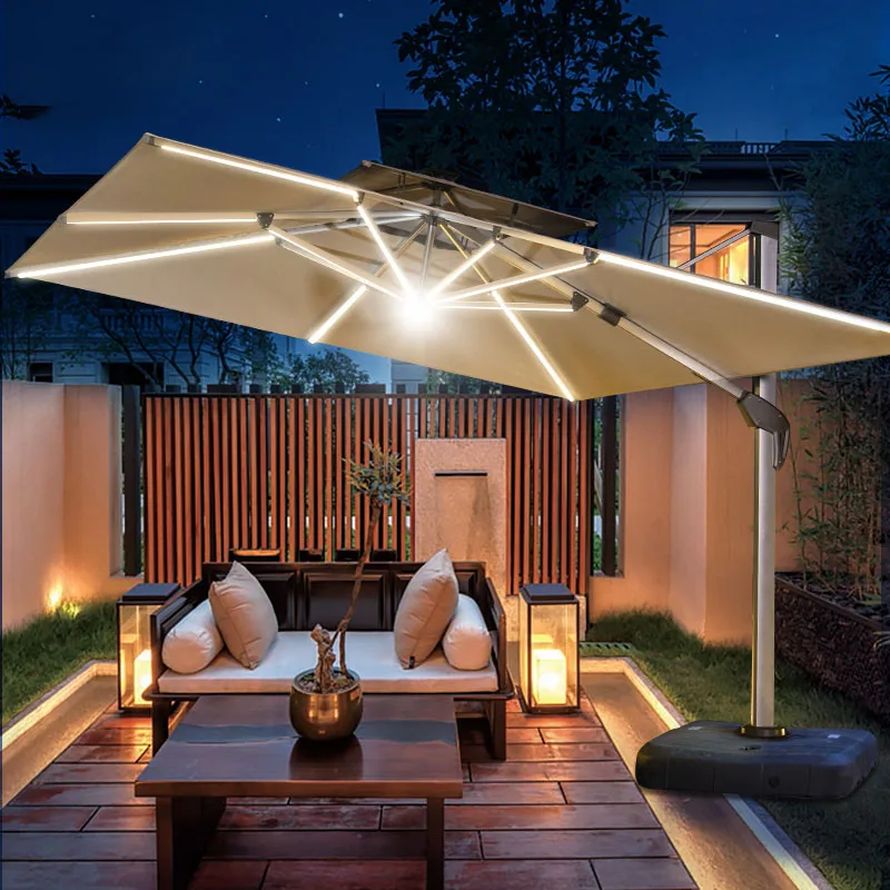 Deluxe Solar Powered LED Round Patio Umbrellas Aluminum Cantilever Hanging  Umbrella Outdoor Market Parasol big size shading