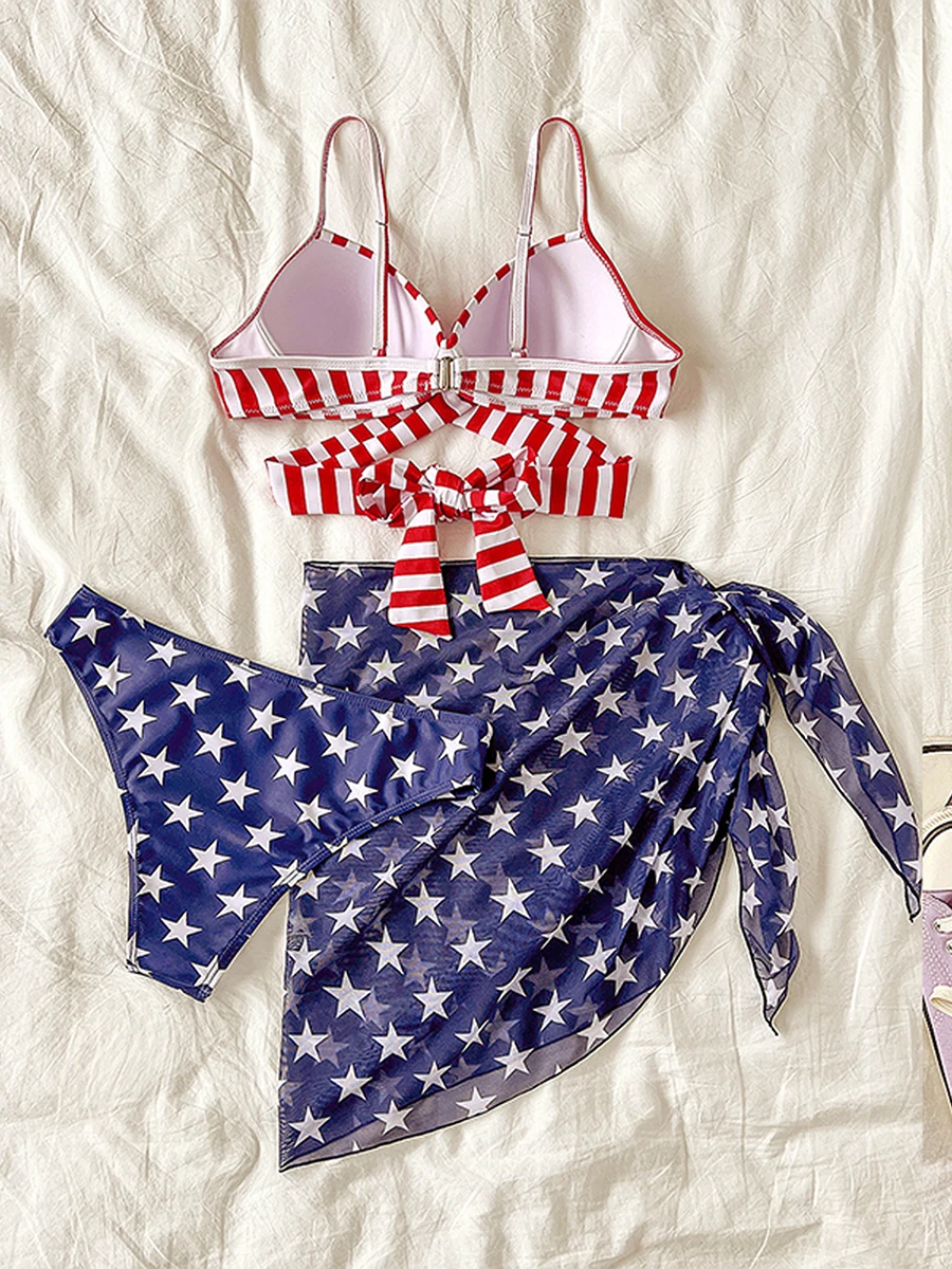 Women s Patriotic American Flag Print Halter Bikini Set with High Waisted Bottoms and Cover Up Skirt 3 Piece Bathing Suit