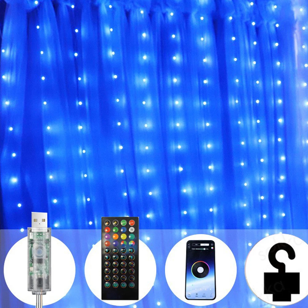 RGBIC 스마트 커튼 조명, DIY LED 요정 화환 스트링 조명, 블루투스 앱 제어 램프, 크리스마스 창 침실 파티 장식