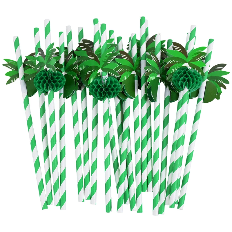 Summer Hawaiian Green Coconut Honeycomb Paper Straw Beach Party Birthday Cocktail Drinking Disposable Tableware Straw Decor 20pc