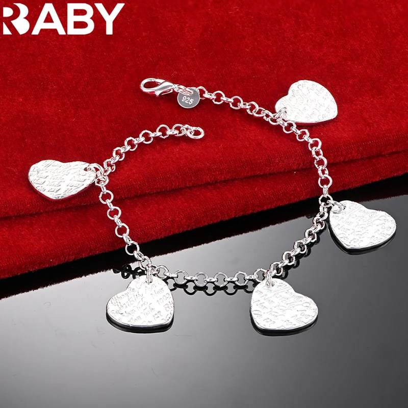 

URBABY 925 Sterling Silver Five Texture Heart Pendant Bracelet Chain For Woman Fashion Charm Wedding Engagement Jewelry Gifts
