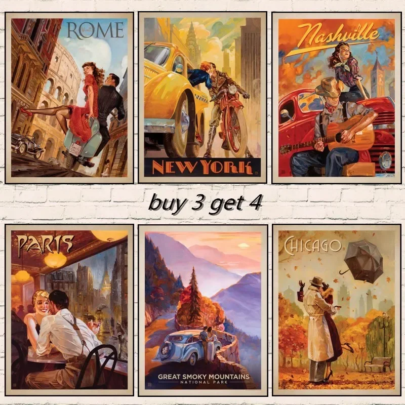 PARIS/ROME/LOND0N/famous Scenery Retro Kraft Travel Poster Decorative Wall Sticker Home Bar Posters Decoration Kid Gift 1007