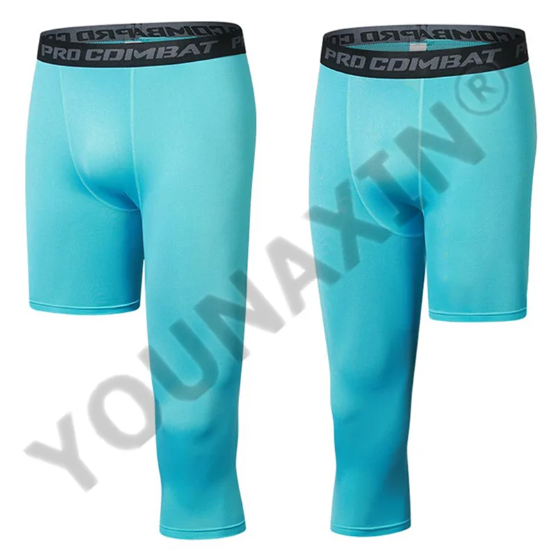 Men Compression Base Layer Running Tight Sport Cropped One Leg Leggings Gym Basketball Football Soccer Fitness Exercise 3/4 Pant