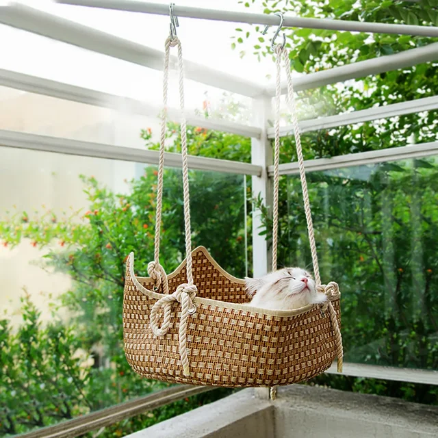 thumbnail image 2 of Indoor Outdoor Cat Nest HUANGTNG Hanging Cat Hammock Bed - Imitation Rattan Basket For Indoor & Outdoor Use Cat Hanging Bed 2 of 13