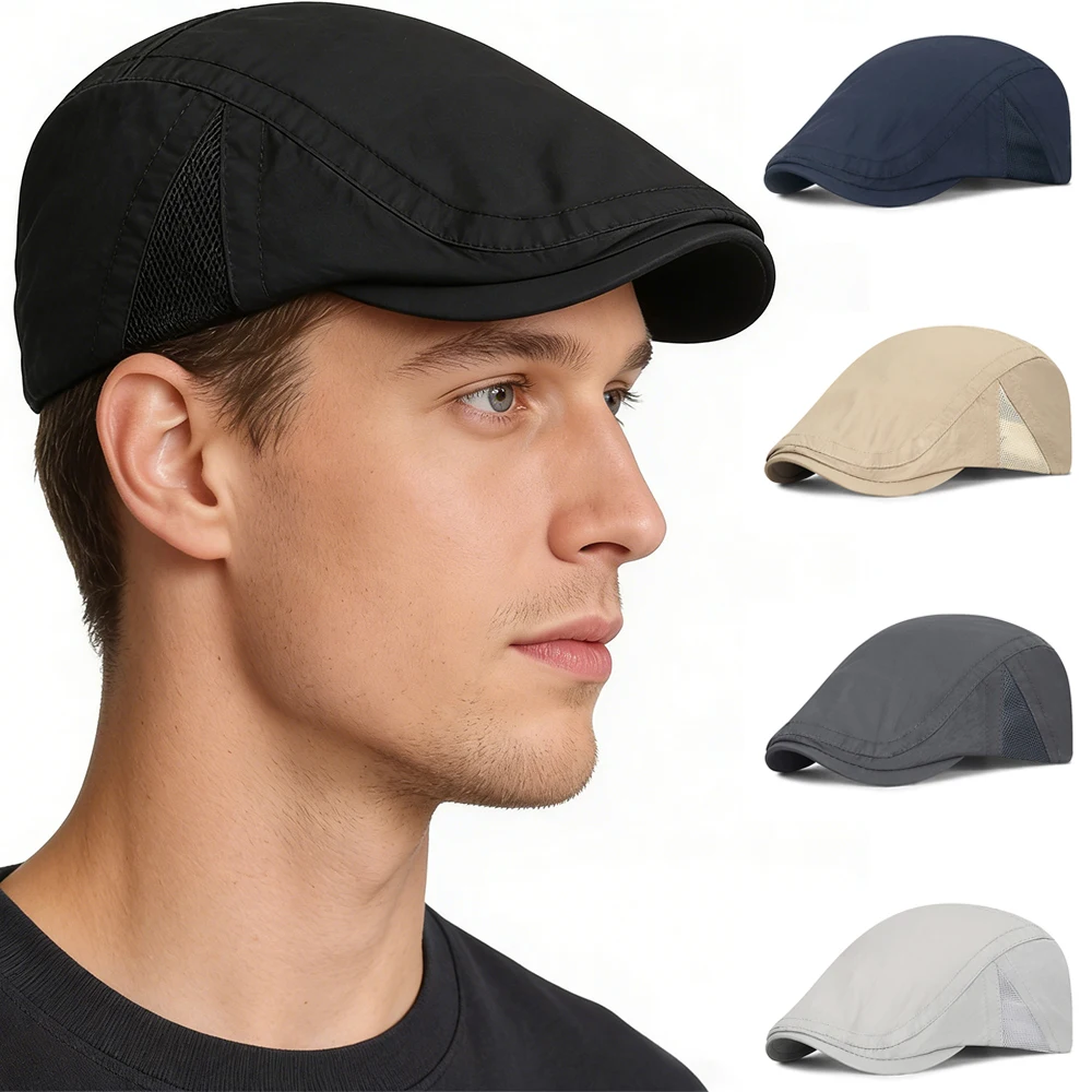 Summer Quick-Drying Thin Beret Men Women Sun Shade Newsboy Cap Breathable Mesh Peak Caps Adjustable Sun Shade Beret Hats