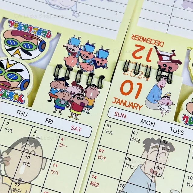 크레용 짱구 캐릭터가 장식된 사랑스러운 책상 달력으로 매일 새로운 즐거움을 선사합니다.