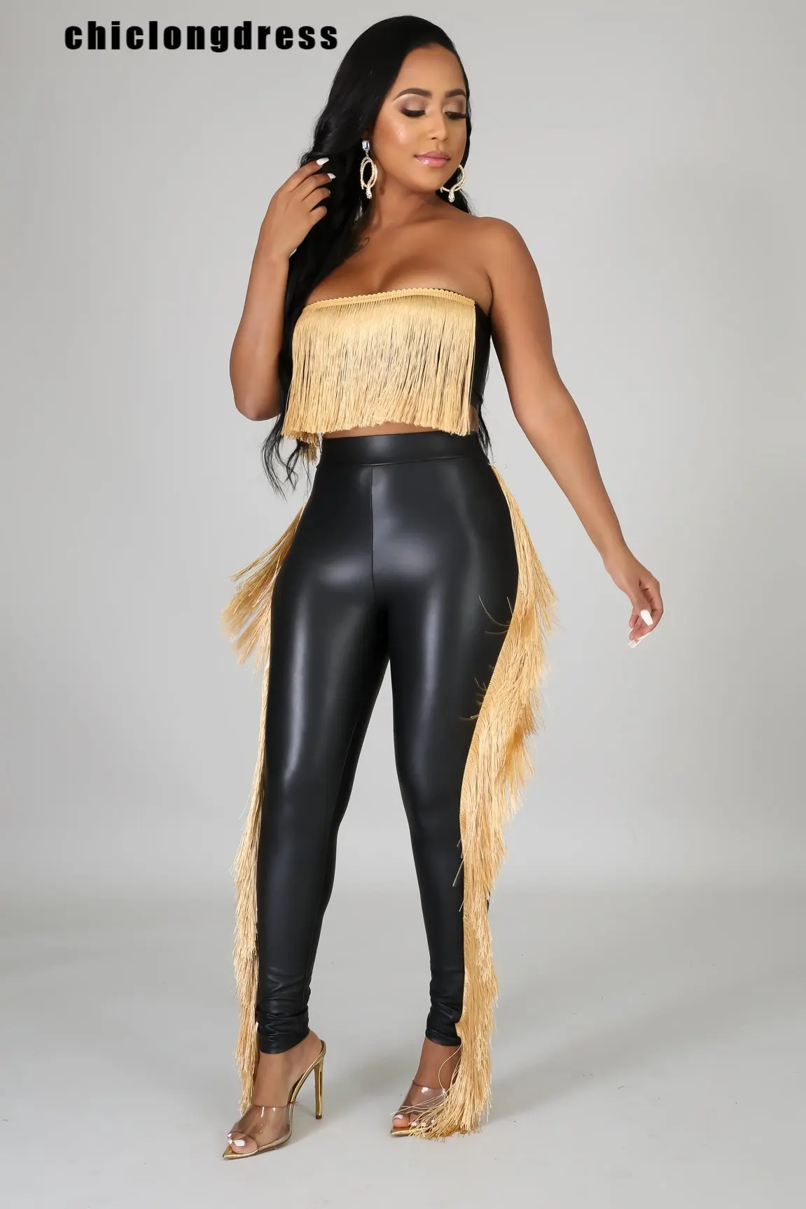 

Осенний сексуальный комплект из двух предметов, женский модный ночной клуб, стильный топ с бахромой, кожаные брюки, комплект из двух предметов для женщин