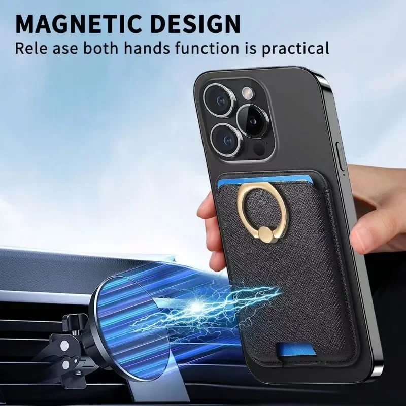 Leather Magnetic Card Holder Wallet with Finger Ring Stand