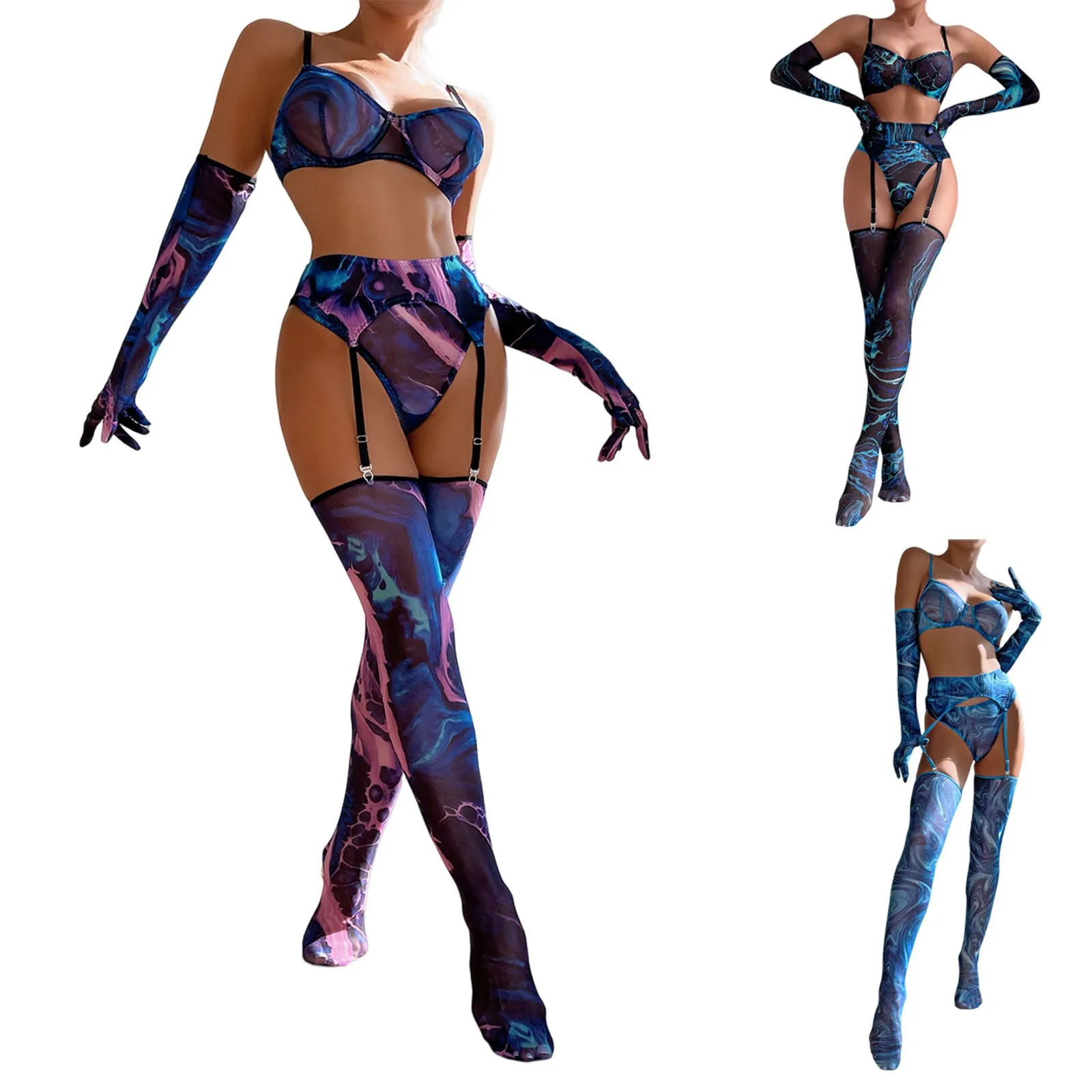 

Women's Five Piece Set Sexy Lace Mesh Printed Chain Linked Garter Teddy Bodysuit Crotchless Bodycon Jumpsuit Femme