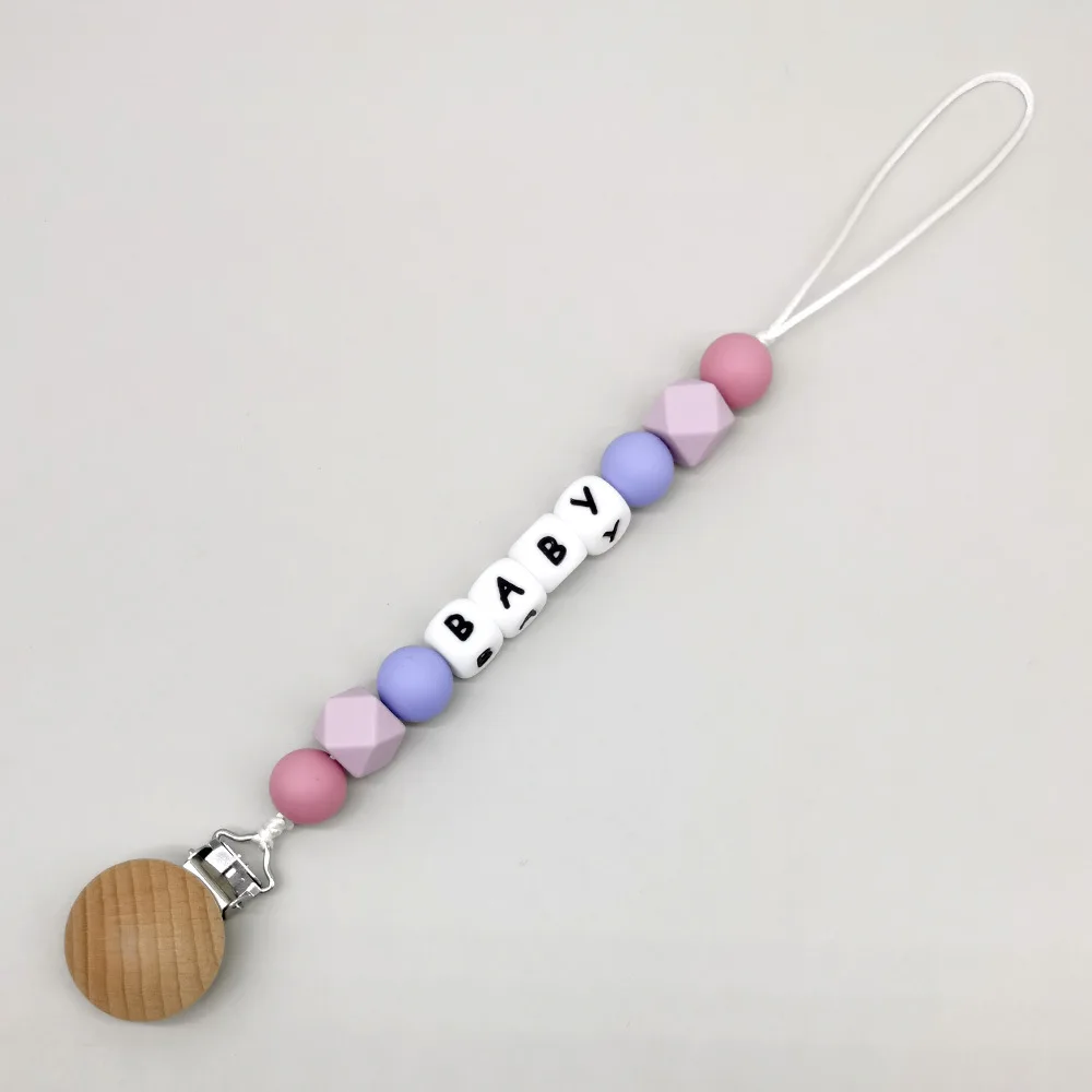 Customized English Name Baby Cartoon Silicone Round Beads Pendant Pacifier Clips Chains Holder Teether Baby Kawaii Toy