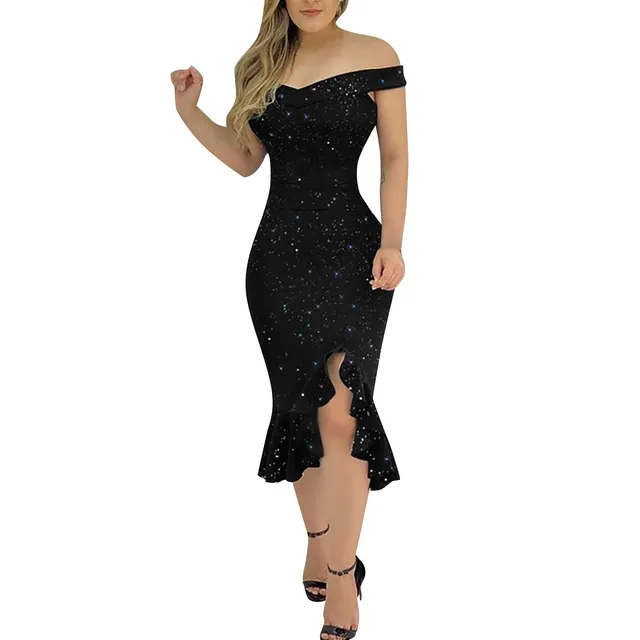 Vestidos irregulares de manga corta con volantes y lentejuelas para mujer, hombros descubiertos, Sexy, moda de verano - Imagen 3