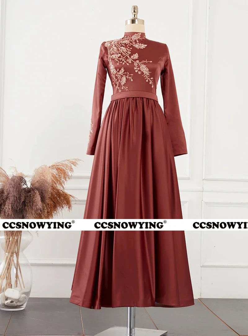 

Elegant Appliques Beaded Muslim Evening Dresses Long Sleeve Islamic Formal Party Gowns High Neck Women Arabic Robes De Soirée