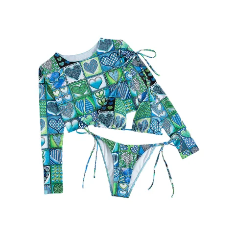 Women's Swimwears Triangle Cup added Bra + Tie Thong + Long Sleeve Blouse 3pcs Bikini Set