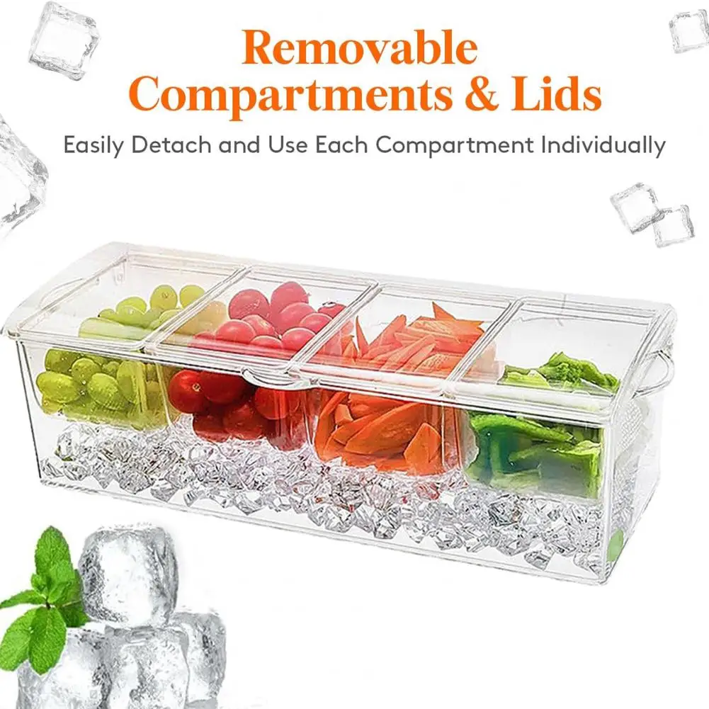 

Fridge Fruit Box with Ice Stoarge Space Transparent Detachable Lid 4 Compartments Fruit Preservation Container Picnic Spice Case
