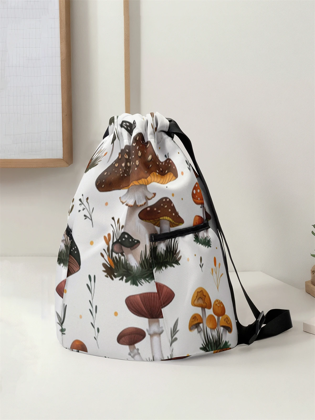 Mushroom Pattern Drawstring Backpack - Large Capacity Durable Fitness Bag, Adjustable Shoulder Strap, Sports Beach Backpack