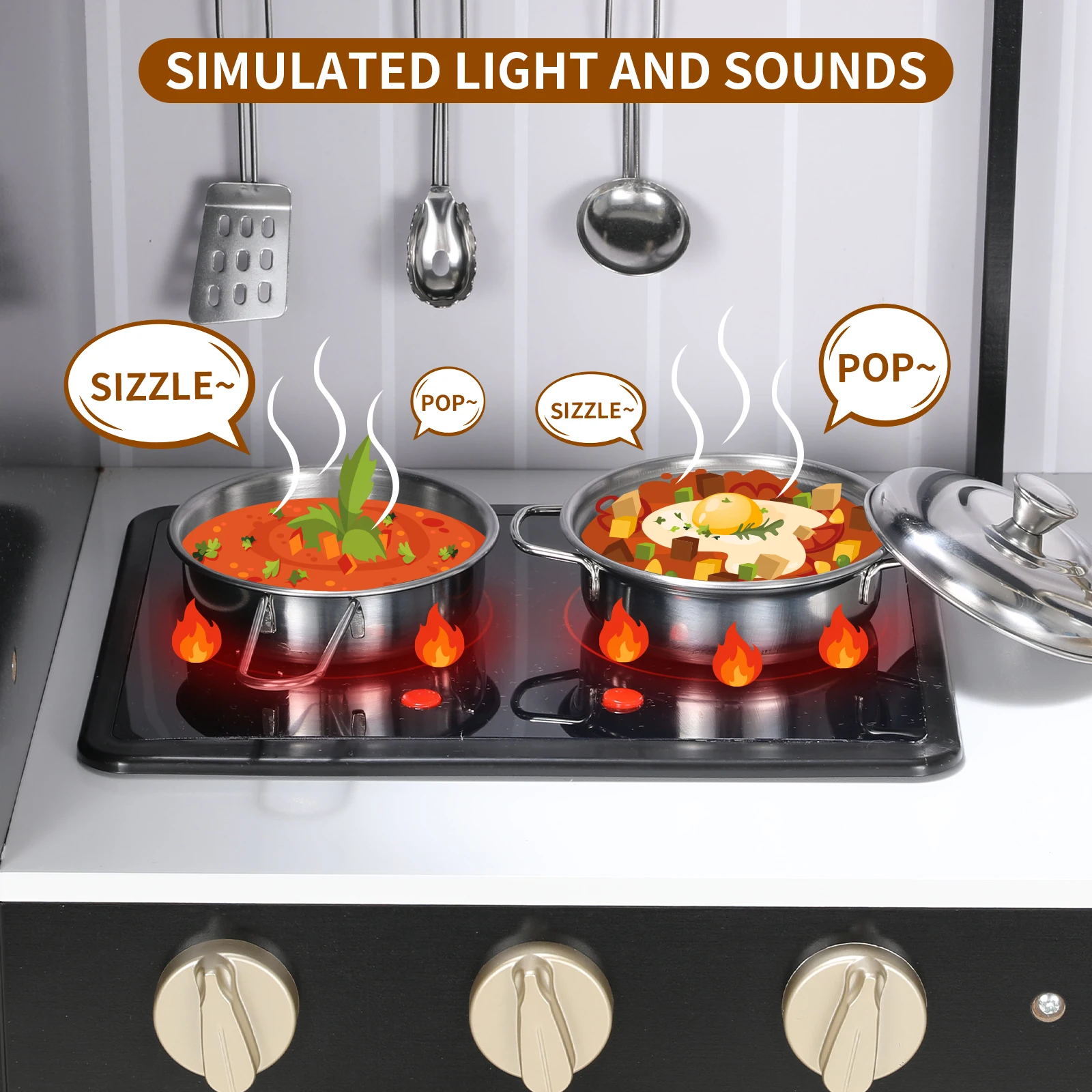 Play Kitchen for Kids, Preschool Kitchen Sets, Cooking Playset w/Realistic Light & Sound, Telephone, Stove, Fridge, Microwave 4