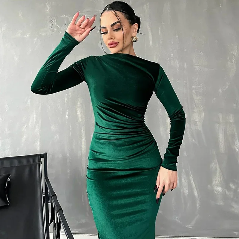 

Velvet Long Pleated Dress Bodycon Cocktail Long Elegant Dresses 2024 Winter Clothing Luxury Maxi Sexy Party Evening Dresses