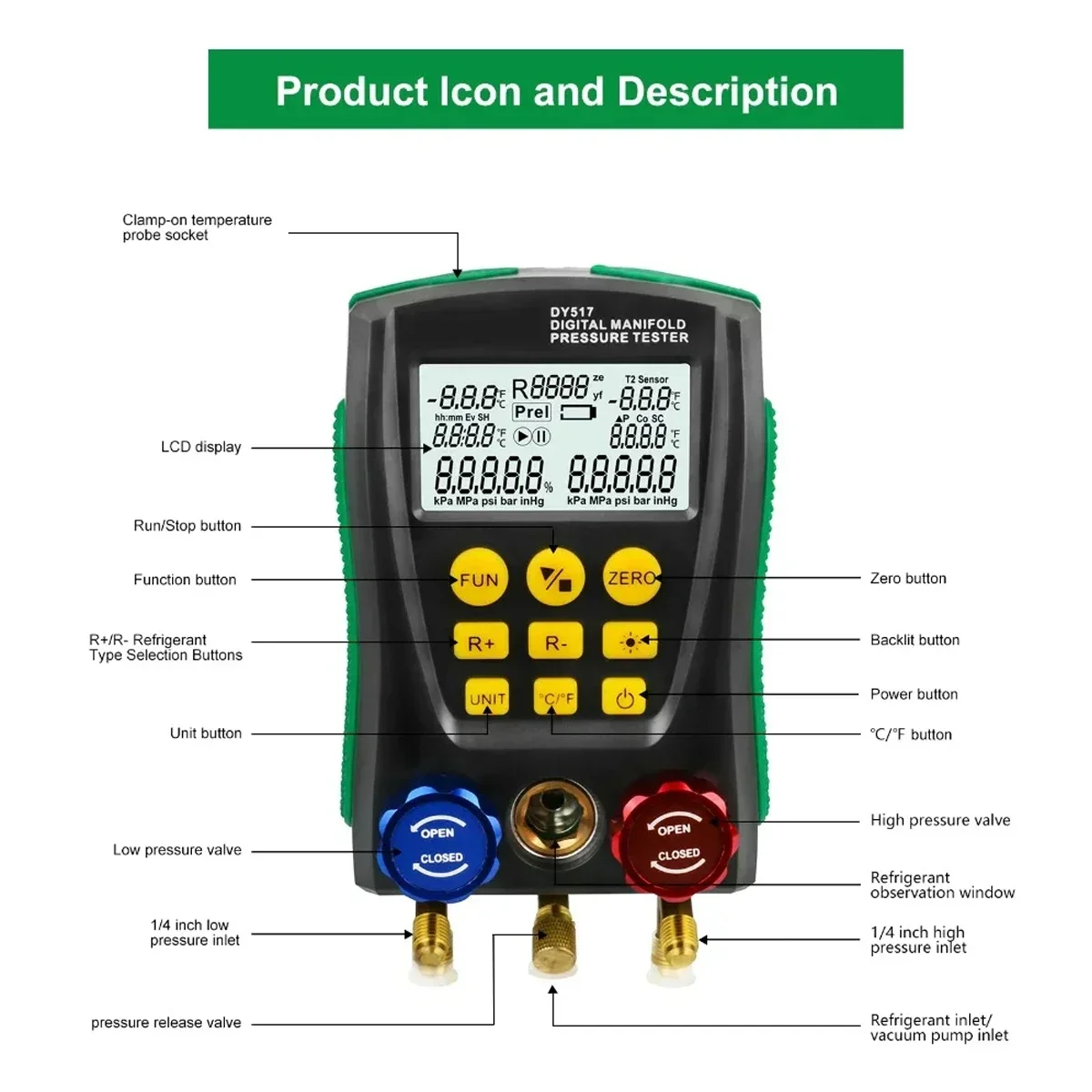 Refrigeration Pressure Tester DY517 Pressure Gauge Refrigeration Digital Vacuum Pressure Manifold Tester Air Conditioning Temperature Tester Valves Tool Kit
