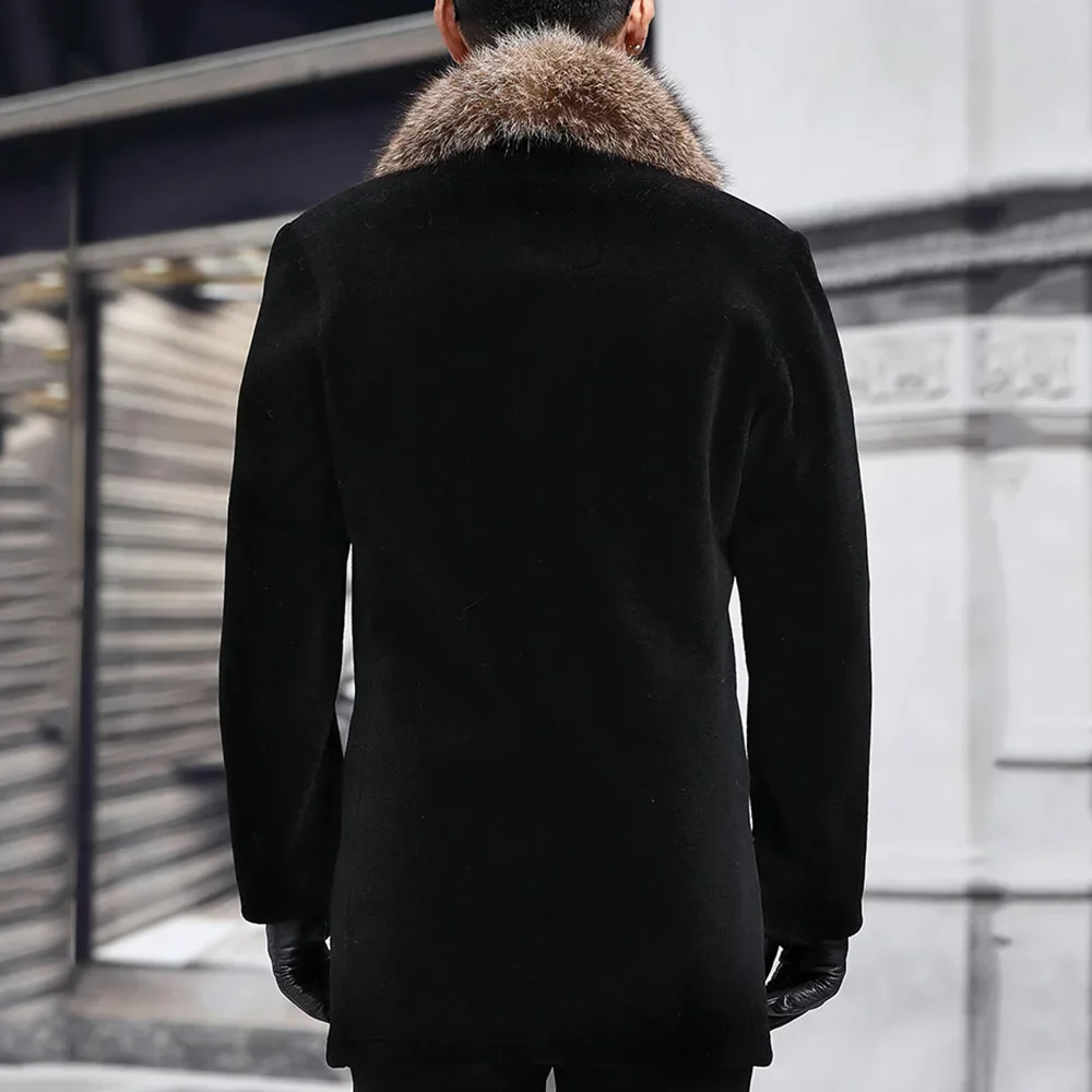 Winter Fur Long Woolen Coat Men Straight Lapel Button Pocket Solid Black Fashion Oversize 4XL Casual Warm Outwear Wool Jacket