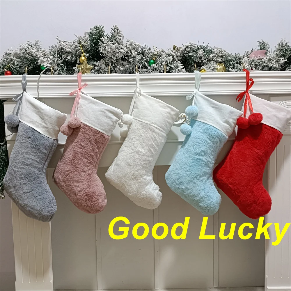 Description Picture 2 of itemWholesale Christmas Stocking with Canvas Cuff Sublimation Soft Touch Velvet Stocking with Pom Pom