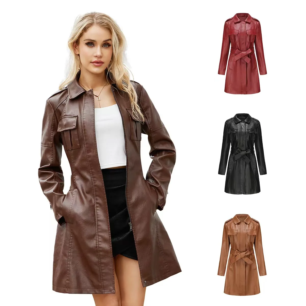 single breasted collars detachable long windbreaker wool casual jacket winter men fashion fit wool jackets trench overcoat Red Long Waist Lace-up Leather Jacket Women's Long-sleeved Lapel PU Windbreaker Jacket Fashion Female Single-breasted Overcoat